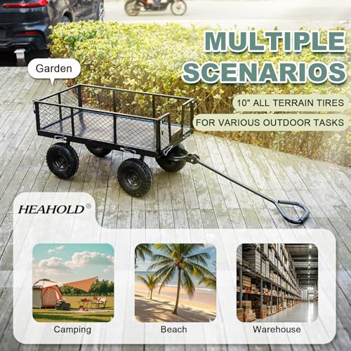 Heavy Duty Garden Wagon Cart – 880 LBS Steel Utility Cart with All-Terrain 3.50-4" Solid Wheels, 10" Tires, 180° Rotating Handle, Removable Sides, Laser-Welded Frame for Multi-Surface Use
