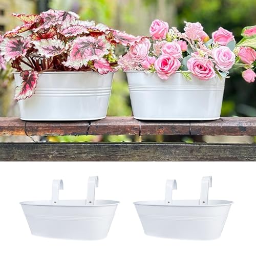 LaLaGreen Balcony Rail Planter (15 in, 2 Pack) White Metal Herb Flower Pot - size: 15" (38cm) x 2 Pack