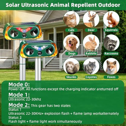 Upgraded Solar Animal Repellent Ultrasonic Outdoor Cat Deterrent Deer Repellent Devices,Waterproof Dog Repeller with Motion Sensor,Flashing Lights,Scare Squirrels Rabbits Raccoons Skunks Garden,2 Pack