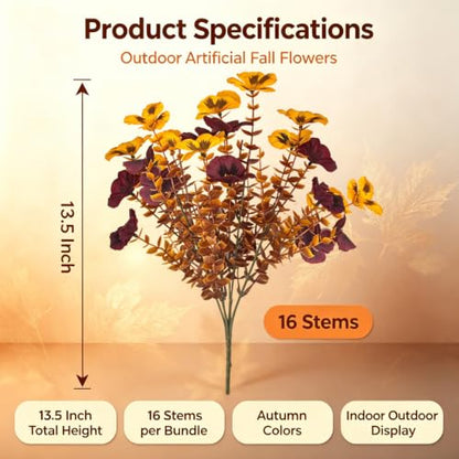 16 Faux Fall Pansy Flowers, UV Resistant Artificial Outdoor No Fade Plants - color: Fall Yellow&wine Red