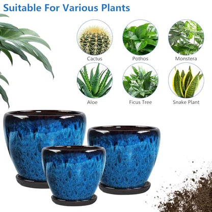 Ceramic Plant Pots With Saucer & Drainage Hole, 6 inch Indoor Flower Pots - color: Blue, size: 6 inch
