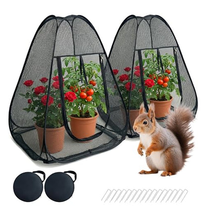 2PCS Pop-Up Garden Netting Protector with 2 Storage Bags & 16 U-Shaped Nails, 28"x28"x32" Plant Shade Tent， Mesh Plant Cover from Animals for Vegetables Fruits Flowers