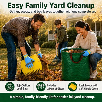 Leaf Scoops Hand Rakes, Leaf Claws & Leaf Grabbers for Yard Work with 72-Gallon Reusable Leaf Bag, 2 Pairs Adult Garden Gloves & Soft Handle Covers, Yard Cleanup Kit for Leaves - style: Leaf Scoops Kit with Bag & Gloves