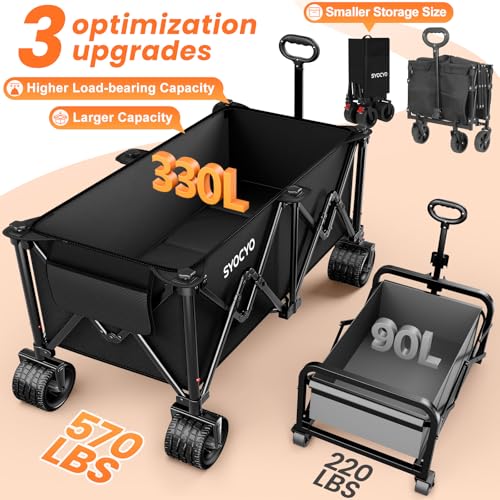 Beach Wagon Carts Foldable 570LBS Collapsible Wagon with Big All-Terrain Wheels for Sand 330L Heavy Duty Utility Carts with Cup Holders for Garden, Camping, Grocery, Black