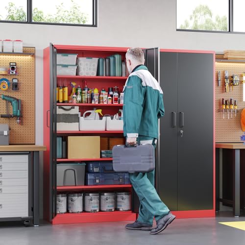 Letaya Metal Garage Storage Cabinets with Lock, 71" Tall Locker Organizer Steel Tool Cabinets,5 Adjustable Shelves 2 Doors for Home Office, Warehouse,Garage,Industrial,Employee (Black Red) - color: Black Red, size: 71 X 32 X 16 In(H X W X D)