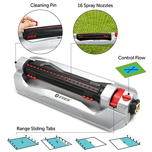 Eden 96216 Heavy Duty Turbo Oscillating Sprinkler, Covers Up to 4,900 sq. ft., 20 Precision Nozzles, Aluminum Base, Flow and Width Control, Adjustable Range, Quick Connects, Filters - style: With Triple Nozzle Switches