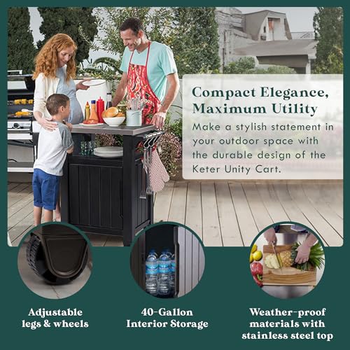 Keter Unity Outdoor Grill Prep Table & Serving Cart, 40 Gal, Brown