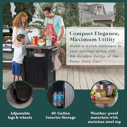 Keter Unity Outdoor Grill Prep Table & Serving Cart, 40 Gal, Brown