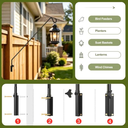 MIXXIDEA 2 Packs Heavy Duty Extended Reach Wall Mounted Deck Hook Wall Pole, Wall Bracket Direction and Length Adjustable Plant Bracket for Bird Feeders, Planters, Suet Baskets, Lanterns, Wind Chimes - size: 43in Long Wall Mounted Hook-2 Packs