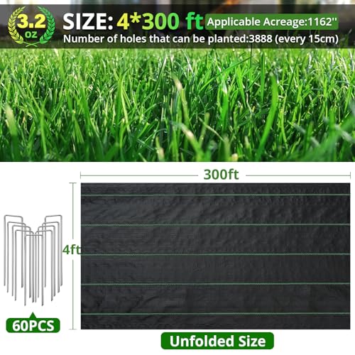 GOTGELIF 4ft×300ft Weed Barrier Fabric, 3.2OZ with 60 U-Shaped Nails - size: 3.2oz-4ftx300ft with 60 pegs