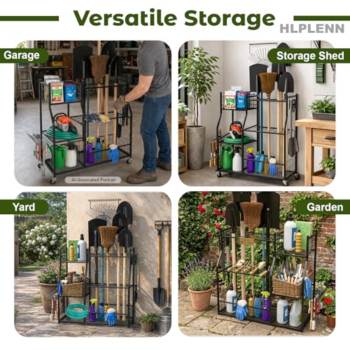 Garden Tool Organizer with Wheels, Metal Rack for Long Handled Tools