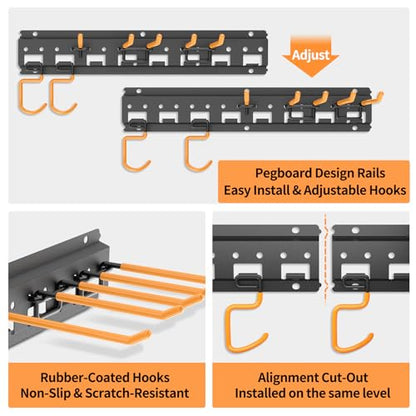 Garden Tool Organizer Wall Mount - Garage Storage and Organization Yard Tool Hanger with Adjustable Pegboard Hooks Shed Rack for Broom Mop Shovel Rake Trimmers, 32 inch Max 350lbs, Black - size: 32 Inch