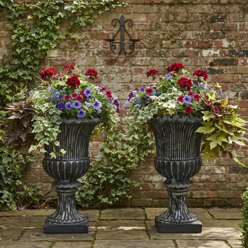 Christopher Knight Home Kyra 24.02" H Classical Urn Planters Set of 2, MGO Round Outdoor Flower Pots, Weather-Resistant Outdoor Planter for Backyard, Fluted Relief Pedestal Planter Pot, Antique Black - color: Antique Black (C), size: Set Of 2