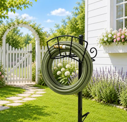 Wndy's Dream WQU Freestanding Garden Hose Holder with Rust-Proof Steel Stake, Decorative Arched Metal Water Hose Rack for Outdoor Lawn Yard, Heavy Duty Stand, Black