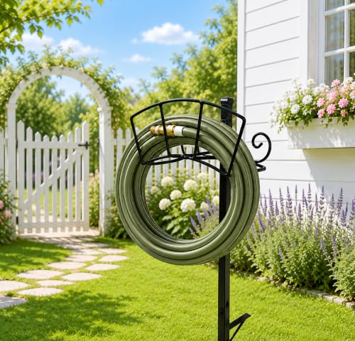 Wndy's Dream WQU Freestanding Garden Hose Holder with Rust-Proof Steel Stake, Decorative Arched Metal Water Hose Rack for Outdoor Lawn Yard, Heavy Duty Stand, Black