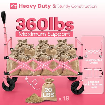 Originsure 110L Portable Collapsible Wagon Cart, 360lbs Heavy Duty, Pink - color: Pink