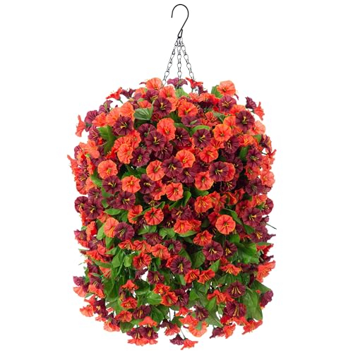 Fake Fall Artificial Outdoor Flowers Plant with Hanging Basket UV Resistant - color: Orange Brown