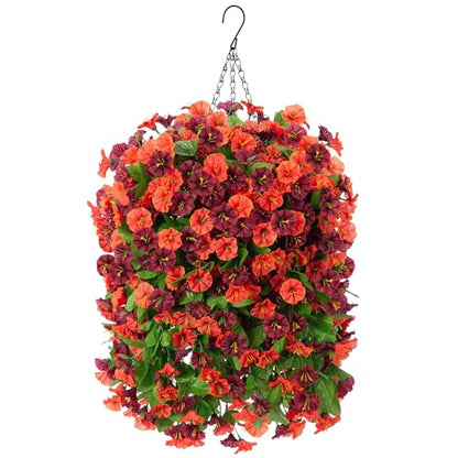 Fake Fall Artificial Outdoor Flowers Plant with Hanging Basket UV Resistant - color: Orange Brown