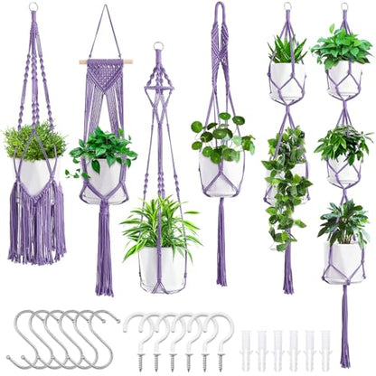 SFENNGPET Macrame Plant Hangers, 6Pack Hanging Planters for Indoor Plants - color: Purple