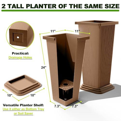 FENCY Set of 2 Tall Planters for Outdoor Plants, Brown Ribbed - color: Brown-square Ribbed