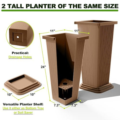 FENCY Set of 2 Tall Planters for Outdoor Plants, Brown Ribbed - color: Brown-square Ribbed
