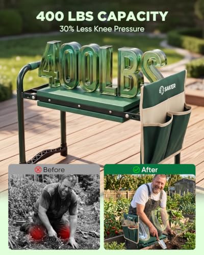 Saker Garden Kneeler and Seat-Garden Kneeler Gardening Bench Garden Stool with Heavy Duty 400LB Support, Foldable Garden Seat for Planting Weeding,Practical Gardening Accessories for Seniors