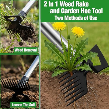 Weed Puller Tool, 2-in-1 Garden Hoe and Weed Rake, 60 Inch Adjustable Long Handle Stainless Steel Heavy Duty Weeding Tools, Manual Weeder Remover Gardening Uprooting Tool for Yard, Lawn and Patio
