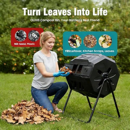 Compost Bin Outdoor, Dual Chamber Composter Tumbler Outdoor with Gloves, Efficient 360°Rotating Composting Bin for Patio, Lawn, Home Gardening and Landscape (Black) - color: black out