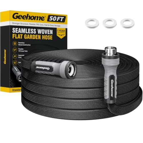 Flat Garden Hose 50FT, Seamless Woven Water Hose with Flexible TPE Inner Tube, Lightweight Compact Design, Standard 3/4 in. GHT Fittings for Outdoor Watering, Cleaning and Yard Use - size: 50FT