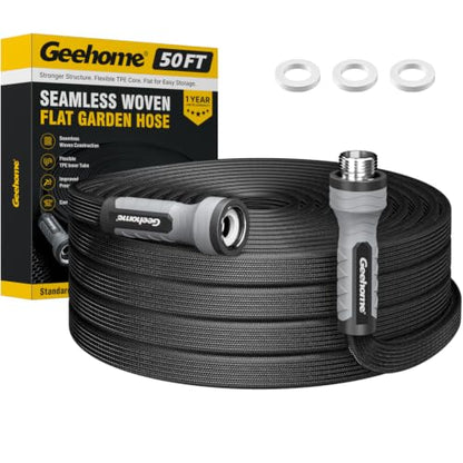 Flat Garden Hose 50FT, Seamless Woven Water Hose with Flexible TPE Inner Tube, Lightweight Compact Design, Standard 3/4 in. GHT Fittings for Outdoor Watering, Cleaning and Yard Use - size: 50FT