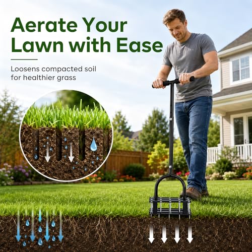 Lawn Aerator - 2-in-1 Manual Aerator with Automatic Dirt and Leaf Clean, Heavy-Duty Reinforced 15 Spikes & Ergonomic T-Handle for Lawn Maintenance, Garden Care, Yard Work (Black)