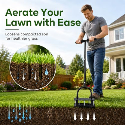 Lawn Aerator - 2-in-1 Manual Aerator with Automatic Dirt and Leaf Clean, Heavy-Duty Reinforced 15 Spikes & Ergonomic T-Handle for Lawn Maintenance, Garden Care, Yard Work (Black)