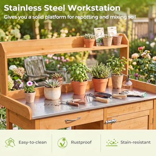S AFSTAR Outdoor Potting Bench Table, Wooden Garden Work Station with Drawer, Storage Cabinet, Open Shelf, Side Hooks, Metal Tabletop Gardening Workbench, Potting Benches for Outside Backyard Balcony