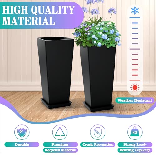 TUYOHW 24 Inch Tall Tapered Square Planters (Set of 2) - Indoor Outdoor Large Flower Pots with Built-in Drainage & Matching Water Tray for Patio, Garden, Home - Black - color: Black