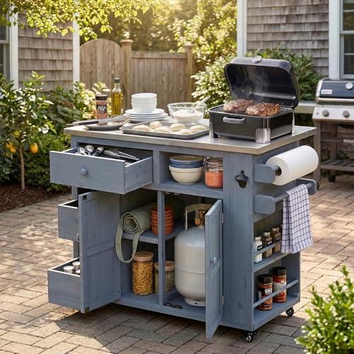 GDFStudio Winford Patio Kitchen Island Cart with Extendable Top, Wooden Outdoor Storage Cabinet with Stainless Steel BBQ Prep Table Top, Drawers, Spice Rack and Lockable Wheels, Potting Bench, Gray - color: Grey