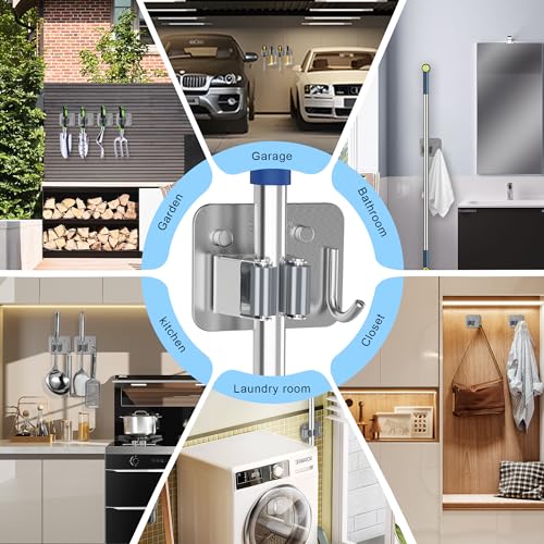 4 Pack Stainless Steel Mop and Broom Holder Wall Mount with Hook, Silver - color: A-Silver, size: 4PCS Gripper