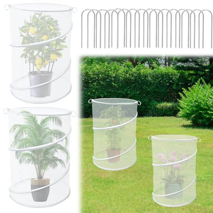 4 Pack Pop up Plant Covers Tent from Animals, 20"H X 13"D Insect Barrier Mesh Plant Guard Cover Net White Garden Plant Protectors Mini Greenhouse Plant Protection Cage with Stakes for Outdoor Plants - color: White