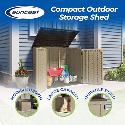 Suncast Horizontal Shed, Compact Outdoor Storage System, 34 Cu. Ft. Capacity, Sand & Slate - Lockable Multi-Wall Resin Organizer for Garbage Cans, Garden Tools, Bins, Bikes and Yard Equipment