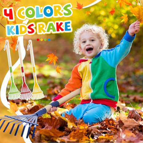 8 Pcs Kids Rake Small 27inch Wood Handle Leaf Rake with Colorful Metal Tine