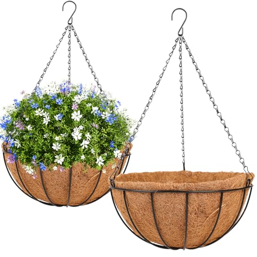 HKZ Hanging Basket Planter Plants Outdoor - 2 Pack 10 Inch Metal Hanging Planter with Coco Liners, Chain Hook Hanging Flower Pots for Indoor Outdoor Garden Porch Decoration - size: 10 Inch