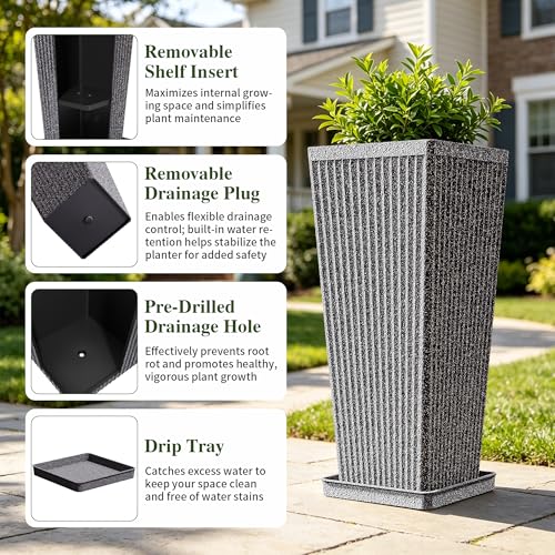24" Tapered Tall Planters for Outdoor Plants with Tray&Shelf, Gray - color: Dark Gray-sandblasting
