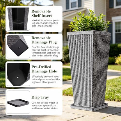 24" Tapered Tall Planters for Outdoor Plants with Tray&Shelf, Gray - color: Dark Gray-sandblasting