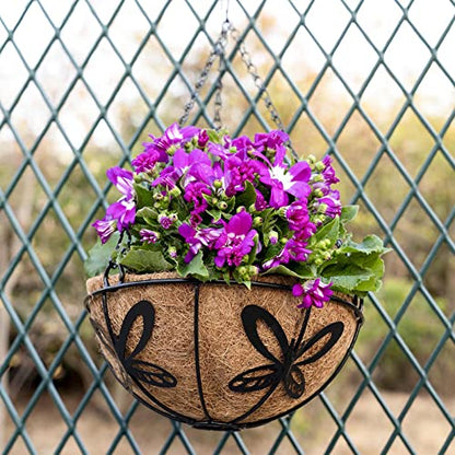 Metal Hanging Planter Flower Basket with Coco Liner for Plants Outdoor Garden Decoration Porch Decor Watering Pot Indoor - Butterfly Pattern, 12 Inch, 2 Pack