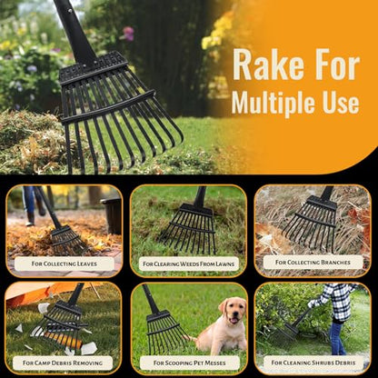 Small Rakes for Garden Beds,11 Tines Heavy Duty Metal Yard Hand Rake with 63in Adjustable Handle,Ideal Gardening Rakes for Gathering Leaves,Shrub,Dog Poop,Garden Flower Beds