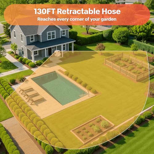 Ayleid Retractable Rubber Hybrid Garden Hose Reel, 1/2"x130ft Wall Mount - color: Deep Black, size: 130FT
