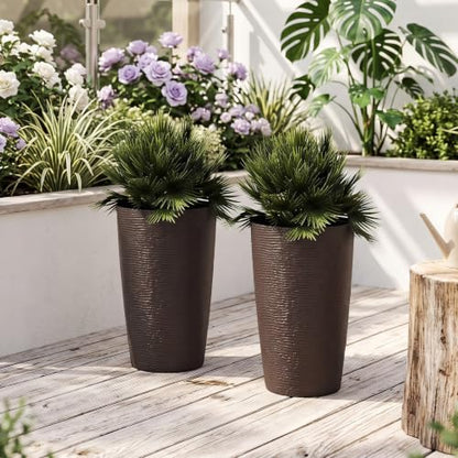 Giantex 21” Tall Round Plastic Planters Set of 2 with Drainage System - color: Brown, size: 13"x13"x21"