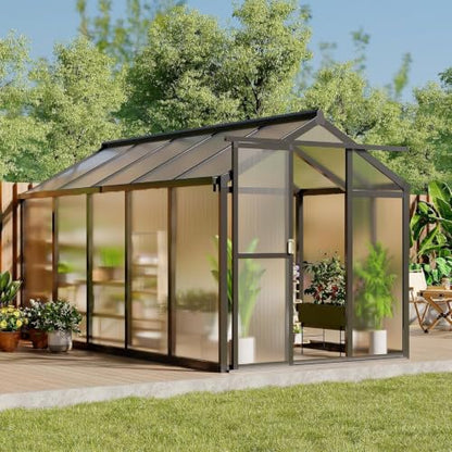 6x8 FT Polycarbonate Walk-in Greenhouse with Roof Vent & Sliding Door - color: Black, size: 6x8 FT