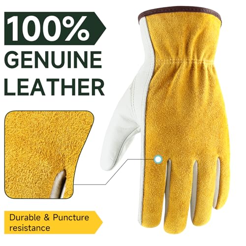 OZERO Leather Work & Gardening Gloves, EN388, 24 Pairs, Gold/Light Cyan, L - color: Gold/Light Cyan(24 Pair), size: Large