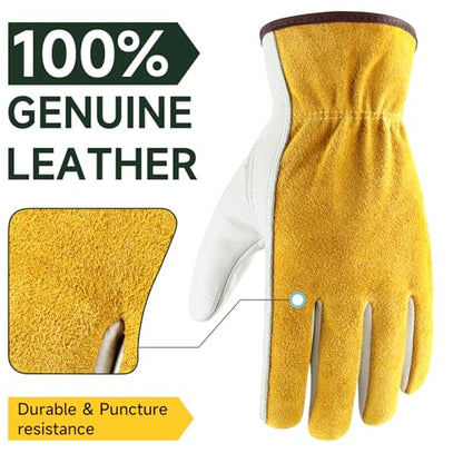 OZERO Leather Work & Gardening Gloves, EN388, 24 Pairs, Gold/Light Cyan, L - color: Gold/Light Cyan(24 Pair), size: Large