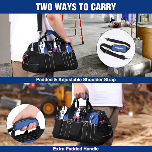 WORKPRO 16-inch Wide Mouth Tool Bag with Water-Proof Molded Base - color: Blue & Black